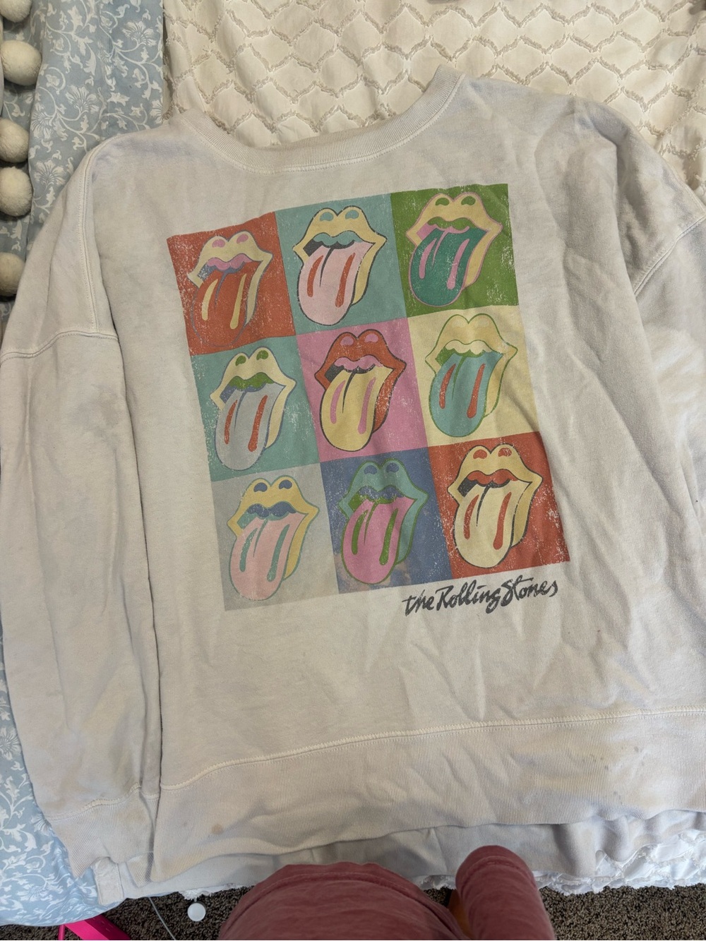 the Rolling Stones White Crewneck with Multi-Color Tongue Grid